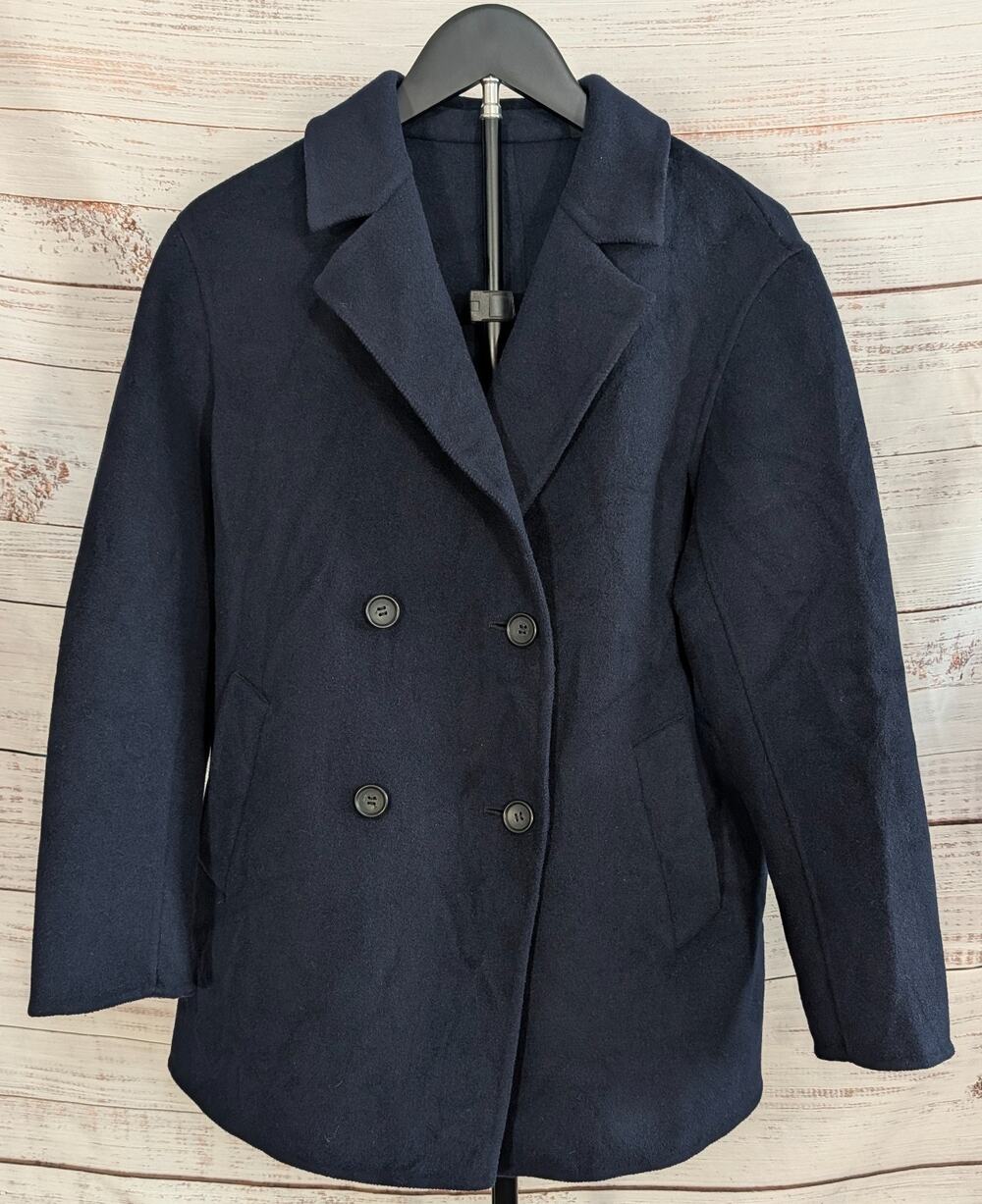 Uniqlo Peacoat Womens XS Midnight Navy Blue Wool Blend Double Breasted Pea Coat